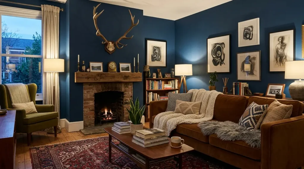 Bold Blue Living Room Makeover: Chic Antlers & Cozy Comfort Unveiled