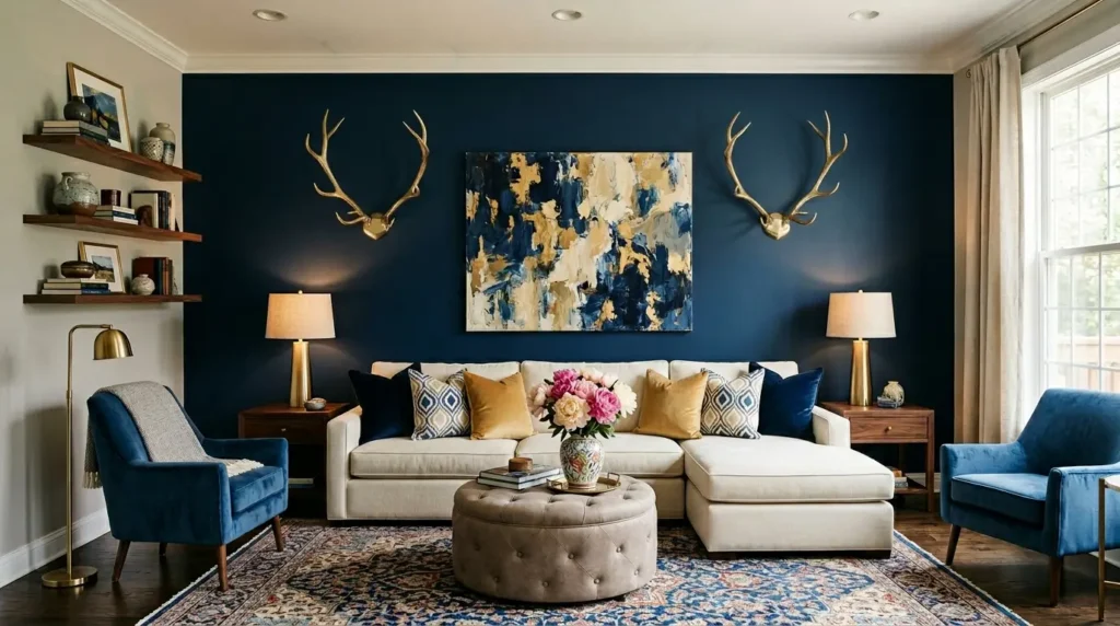 Bold Blue Living Room Makeover: Chic Antlers & Cozy Comfort Unveiled