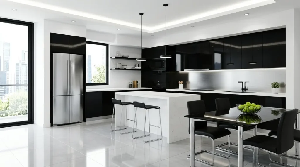 «Совершенство в дизайне интерьеров 2026: Искусство роскоши в открытой планировке» (советы, идеи, фотографии). Современная кухня в переходном стиле с белыми шкафами в стиле «шейкер», большим островом из белого мрамора с эффектом водопада, барными стульями из темной кожи, потолочными балками из переработанной древесины и огромным окном с видом на зеленый сад.