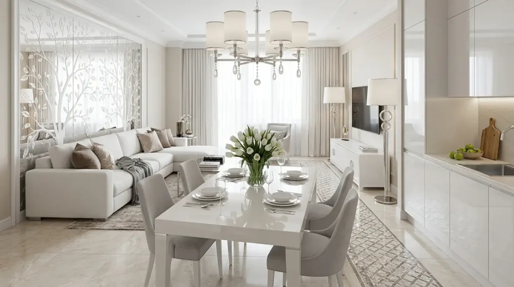 Дизайн интерьера 2026: Искусство роскоши в открытой планировке (советы, идеи, фотографии). Изысканный дизайн круглой гостиной с изогнутым коричневым бархатным диваном, полом из темной мраморной плитки, каменной акцентной стеной со встроенным освещением и обеденным столом со стеклянной столешницей и черными кожаными стульями.