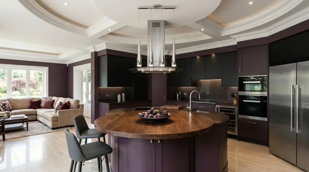 Дизайн интерьера 2026: Искусство роскоши в открытой планировке (советы, идеи, фотографии). Изысканный дизайн круглой гостиной с изогнутым коричневым бархатным диваном, полом из темной мраморной плитки, каменной акцентной стеной со встроенным освещением и обеденным столом со стеклянной столешницей и черными кожаными стульями.