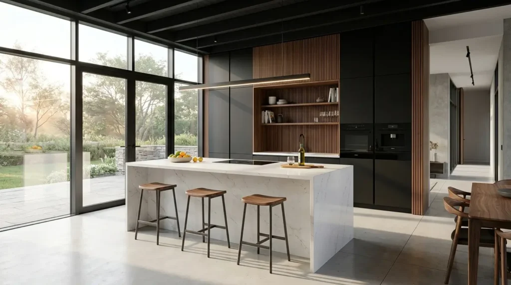 Luxurious modern kitchen design featuring a white quartz waterfall island, matte black seamless cabinetry, and warm walnut wood slatted accents.