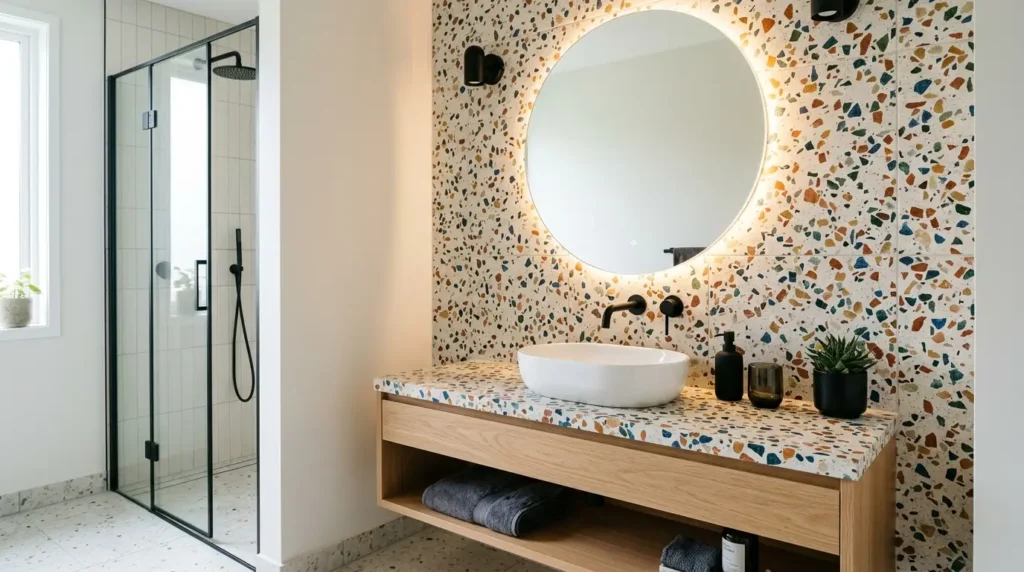 A luxury biophilic modern bathroom featuring a floating fluted wood vanity, a sculptural freestanding tub centered under a skylight, and an integrated wet garden with tropical plants.