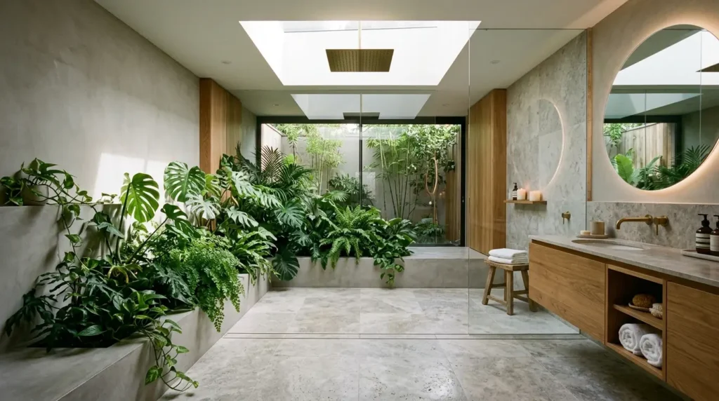 A luxury biophilic modern bathroom featuring a floating fluted wood vanity, a sculptural freestanding tub centered under a skylight, and an integrated wet garden with tropical plants.
