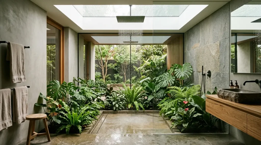A luxury biophilic modern bathroom featuring a floating fluted wood vanity, a sculptural freestanding tub centered under a skylight, and an integrated wet garden with tropical plants.