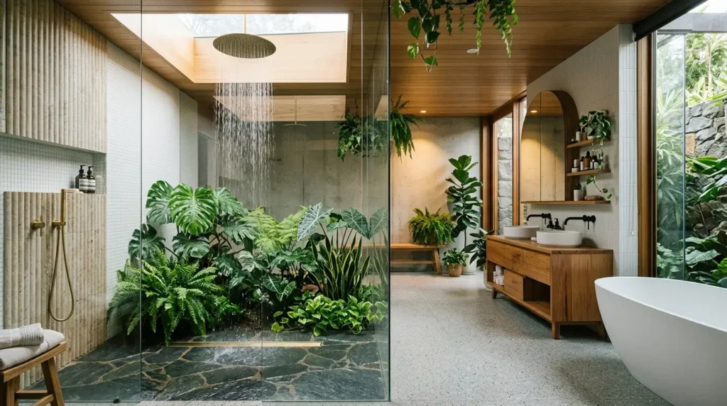 A luxury biophilic modern bathroom featuring a floating fluted wood vanity, a sculptural freestanding tub centered under a skylight, and an integrated wet garden with tropical plants.