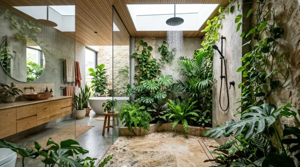 A luxury biophilic modern bathroom featuring a floating fluted wood vanity, a sculptural freestanding tub centered under a skylight, and an integrated wet garden with tropical plants.
