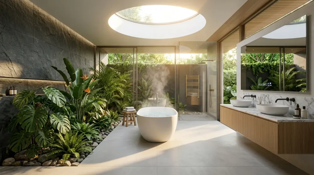 A luxury biophilic modern bathroom featuring a floating fluted wood vanity, a sculptural freestanding tub centered under a skylight, and an integrated wet garden with tropical plants.