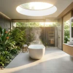 A luxury biophilic modern bathroom featuring a floating fluted wood vanity, a sculptural freestanding tub centered under a skylight, and an integrated wet garden with tropical plants.