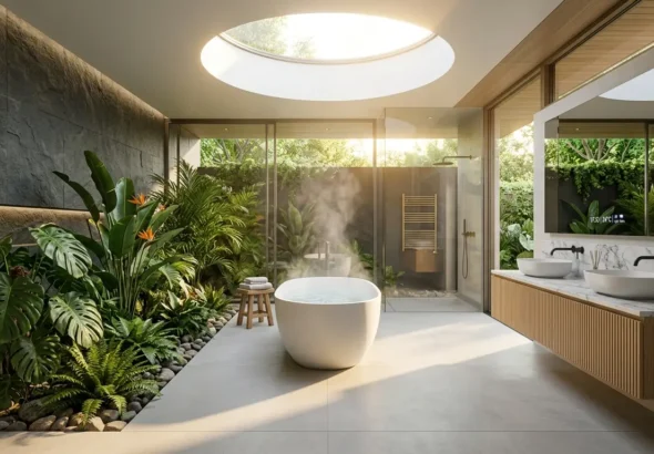 A luxury biophilic modern bathroom featuring a floating fluted wood vanity, a sculptural freestanding tub centered under a skylight, and an integrated wet garden with tropical plants.