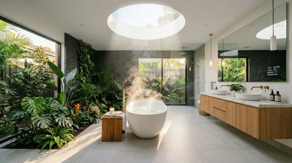 A luxury biophilic modern bathroom featuring a floating fluted wood vanity, a sculptural freestanding tub centered under a skylight, and an integrated wet garden with tropical plants.