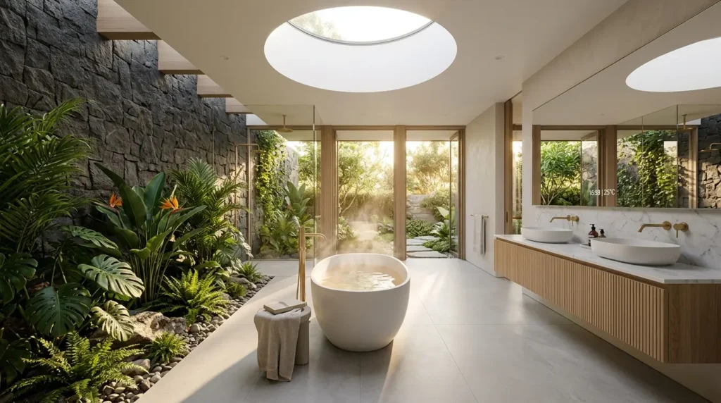 A luxury biophilic modern bathroom featuring a floating fluted wood vanity, a sculptural freestanding tub centered under a skylight, and an integrated wet garden with tropical plants.