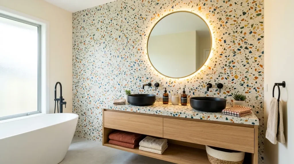 A luxury biophilic modern bathroom featuring a floating fluted wood vanity, a sculptural freestanding tub centered under a skylight, and an integrated wet garden with tropical plants.