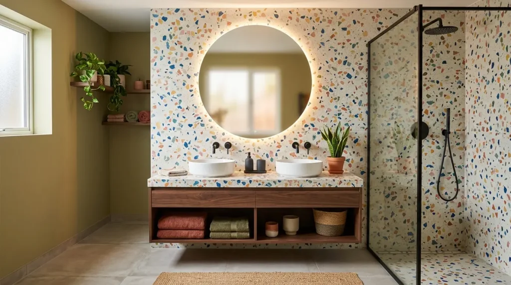 A luxury biophilic modern bathroom featuring a floating fluted wood vanity, a sculptural freestanding tub centered under a skylight, and an integrated wet garden with tropical plants.