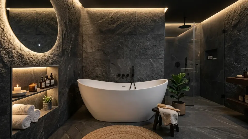 A luxury biophilic modern bathroom featuring a floating fluted wood vanity, a sculptural freestanding tub centered under a skylight, and an integrated wet garden with tropical plants.