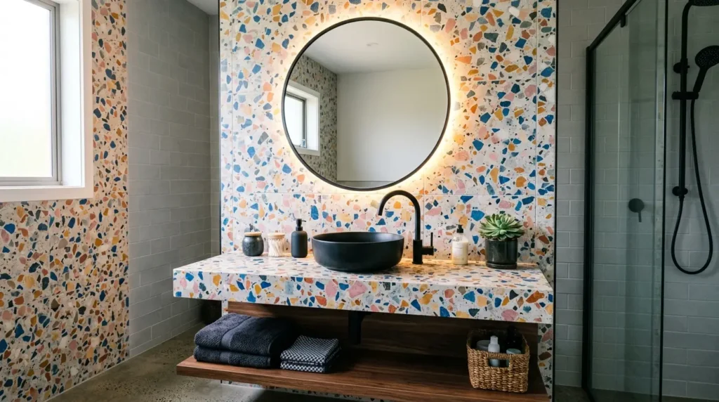 A luxury biophilic modern bathroom featuring a floating fluted wood vanity, a sculptural freestanding tub centered under a skylight, and an integrated wet garden with tropical plants.