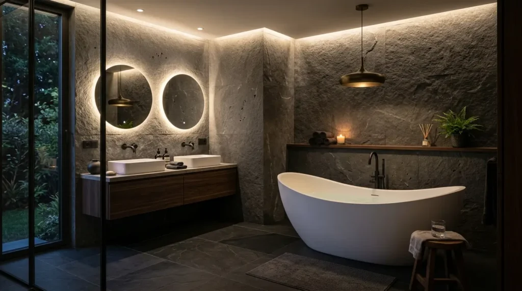A luxury biophilic modern bathroom featuring a floating fluted wood vanity, a sculptural freestanding tub centered under a skylight, and an integrated wet garden with tropical plants.