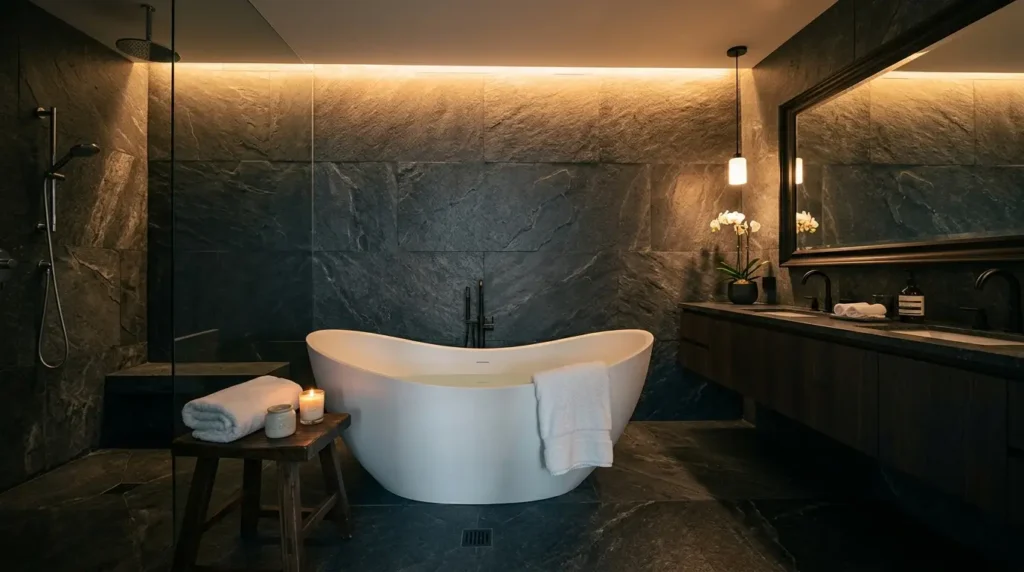 A luxury biophilic modern bathroom featuring a floating fluted wood vanity, a sculptural freestanding tub centered under a skylight, and an integrated wet garden with tropical plants.