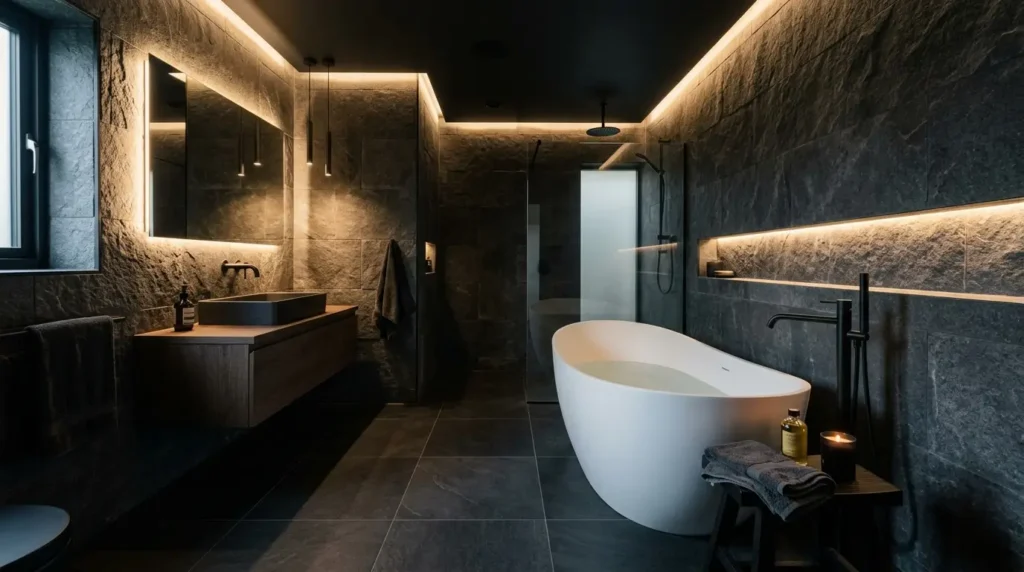 A luxury biophilic modern bathroom featuring a floating fluted wood vanity, a sculptural freestanding tub centered under a skylight, and an integrated wet garden with tropical plants.