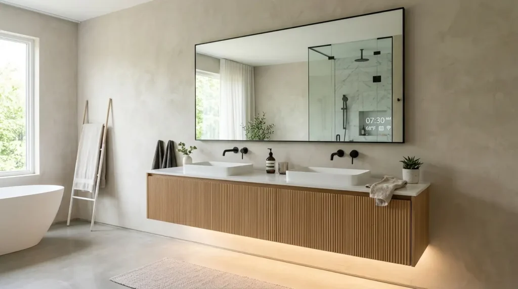 A luxury biophilic modern bathroom featuring a floating fluted wood vanity, a sculptural freestanding tub centered under a skylight, and an integrated wet garden with tropical plants.