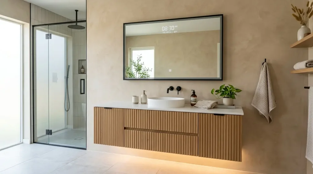 A luxury biophilic modern bathroom featuring a floating fluted wood vanity, a sculptural freestanding tub centered under a skylight, and an integrated wet garden with tropical plants.