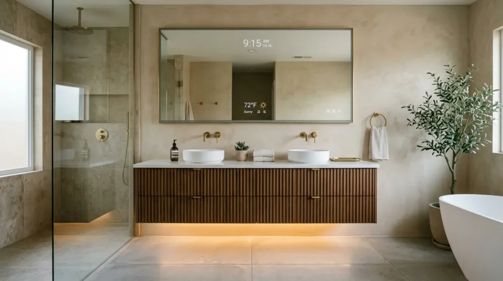 A luxury biophilic modern bathroom featuring a floating fluted wood vanity, a sculptural freestanding tub centered under a skylight, and an integrated wet garden with tropical plants.