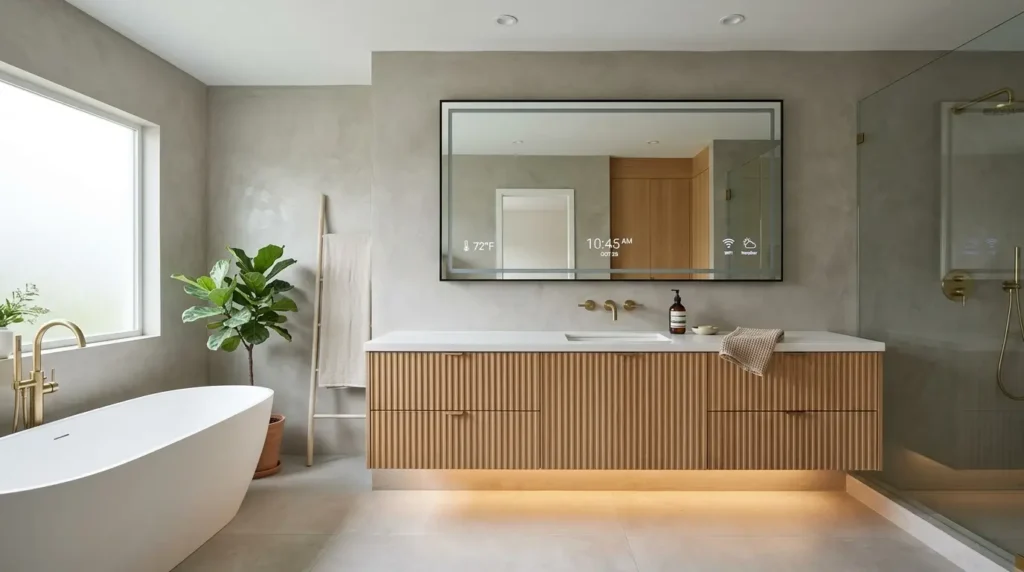 A luxury biophilic modern bathroom featuring a floating fluted wood vanity, a sculptural freestanding tub centered under a skylight, and an integrated wet garden with tropical plants.