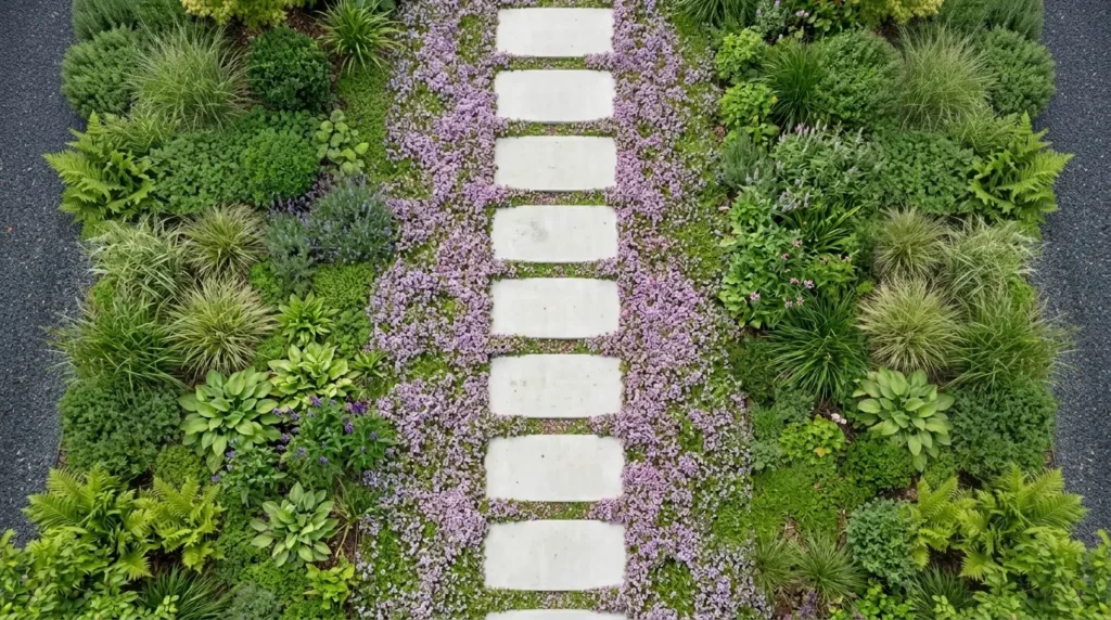 Modern garden path with rectangular concrete stepping stones surrounded by a blooming groundcover of creeping thyme. Modern garden path with rectangular concrete stepping stones surrounded by a blooming groundcover of creeping thyme.
