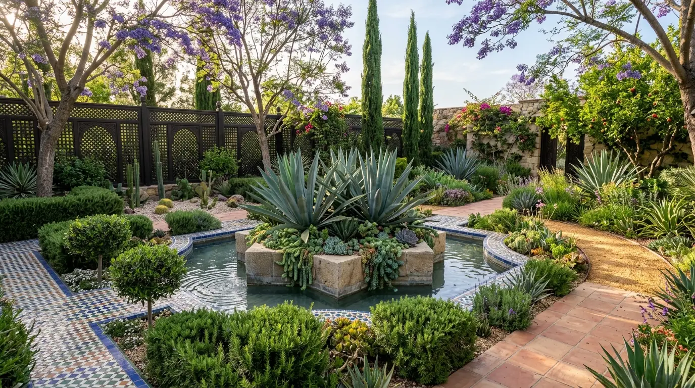 Massive architectural blue agaves and trailing succulents planted on a star-shaped island in the center of an Andalusian pond.