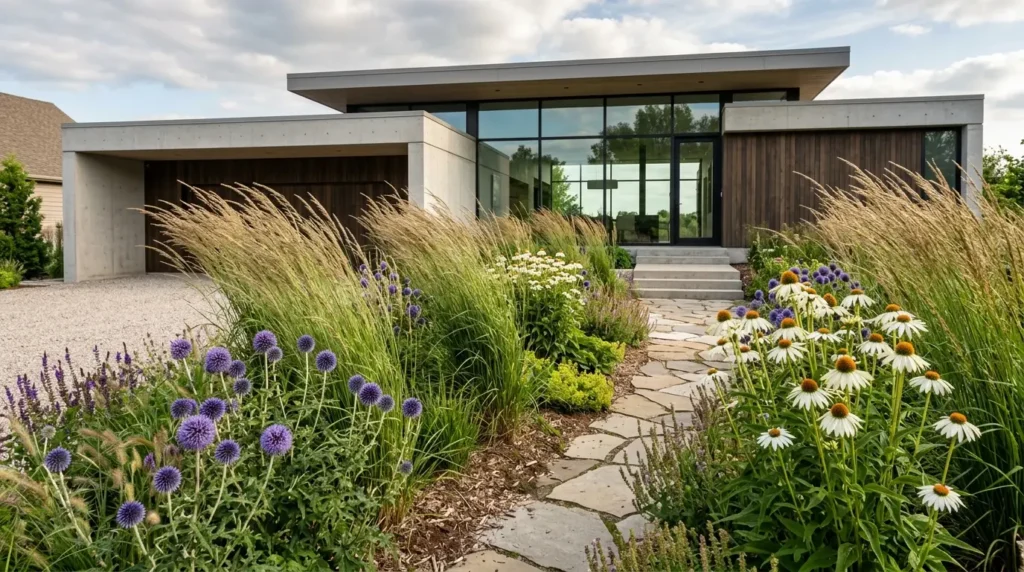 Dynamic front yard with ornamental grasses and purple globe thistle swaying in front of a modern minimalist home. Dynamic front yard with ornamental grasses and purple globe thistle swaying in front of a modern minimalist home.