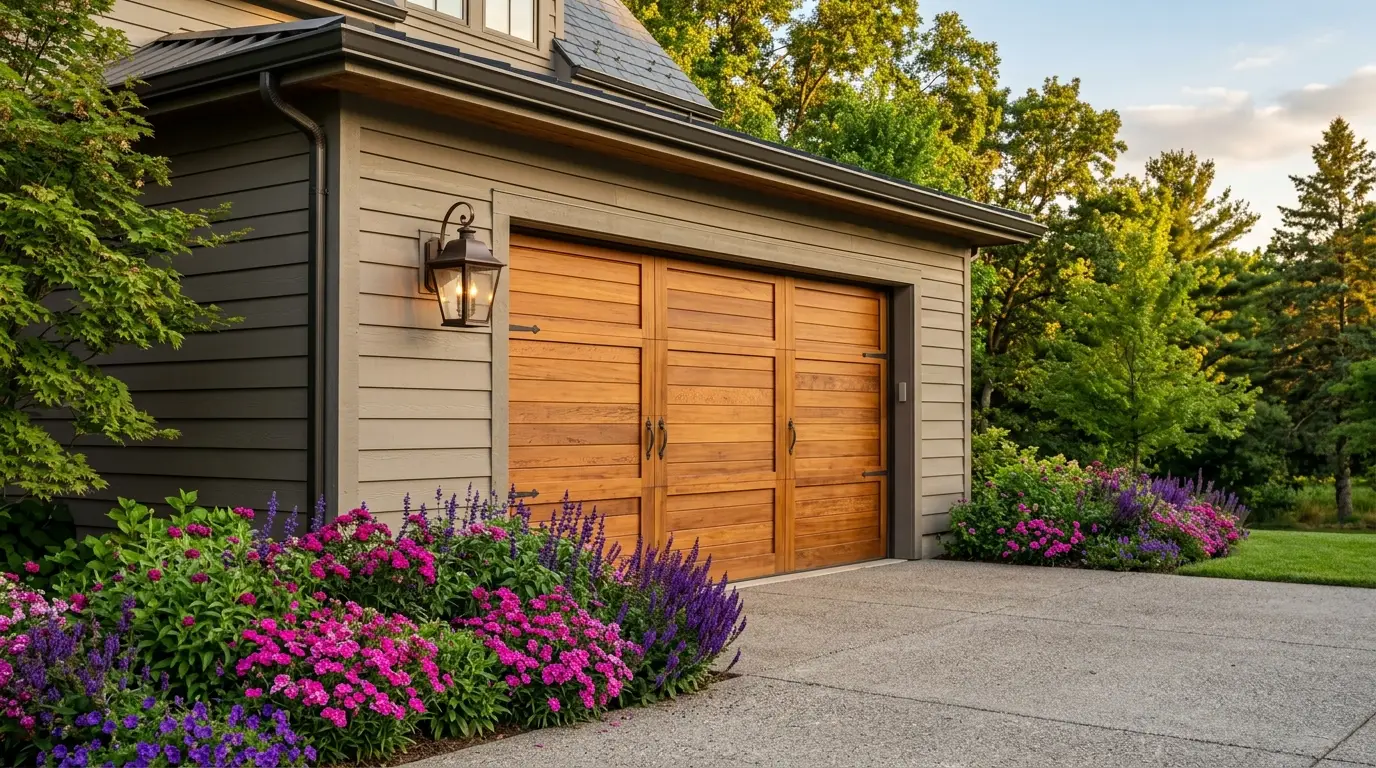 Natural wood garage door with a side lantern and a dense border of colorful flowers.