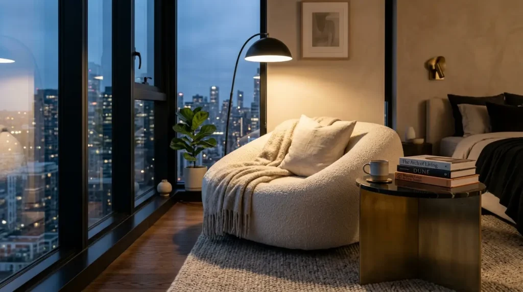 Ivory boucle lounge chair, brass side table, and black floor lamp in a modern luxury bedroom reading nook.