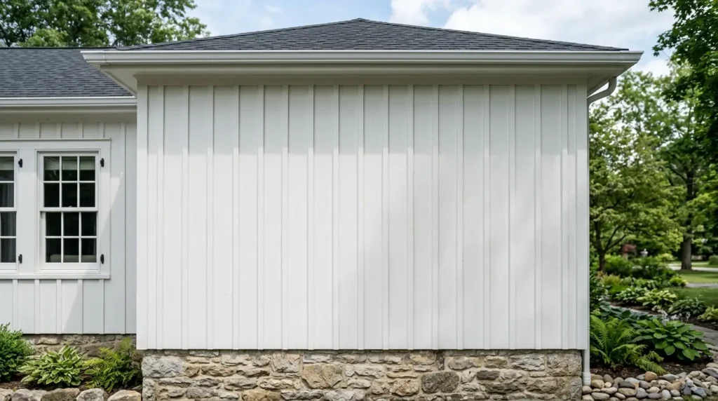 Vertical white board-and-batten siding on a small classic home to create the illusion of height