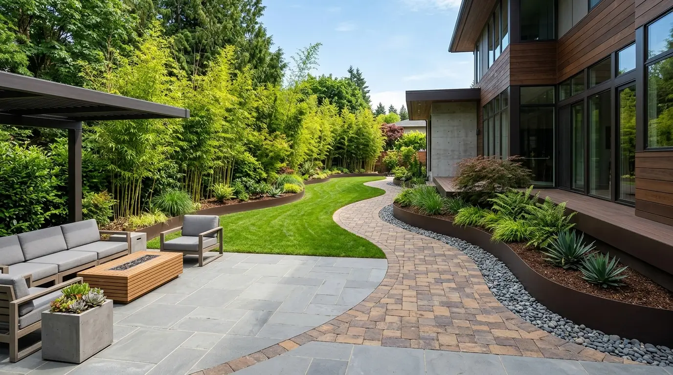 A stone patio space integrated with modern garden beds featuring dark brown borders that perfectly match the house baseboard.