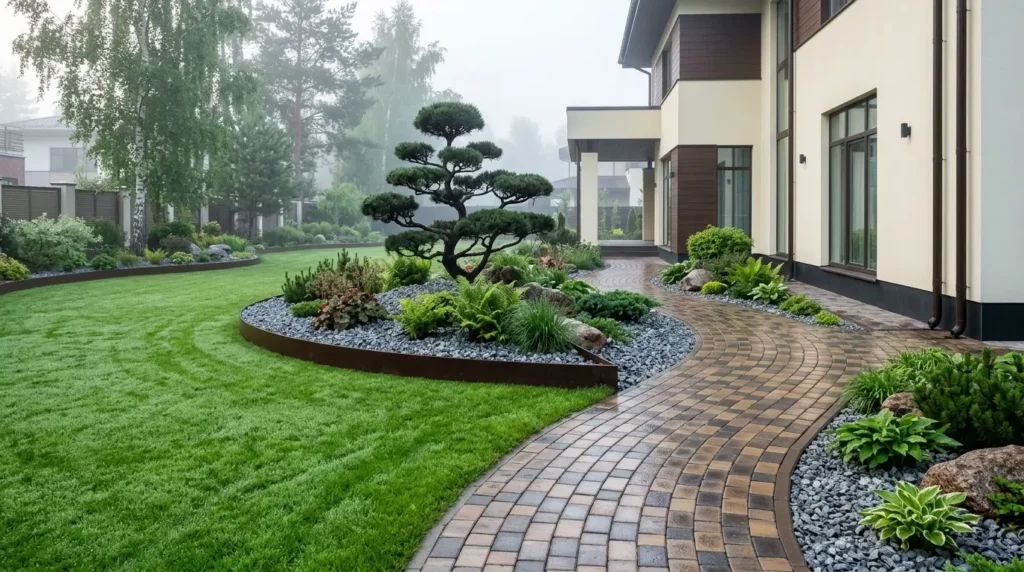 Vue matinale d'un chemin de dalles humides et d'une pelouse verte couverte de rosée dans une cour latérale aménagée de façon moderne. Vue matinale d'un chemin de dalles humides et d'une pelouse verte couverte de rosée dans une cour latérale aménagée de façon moderne.