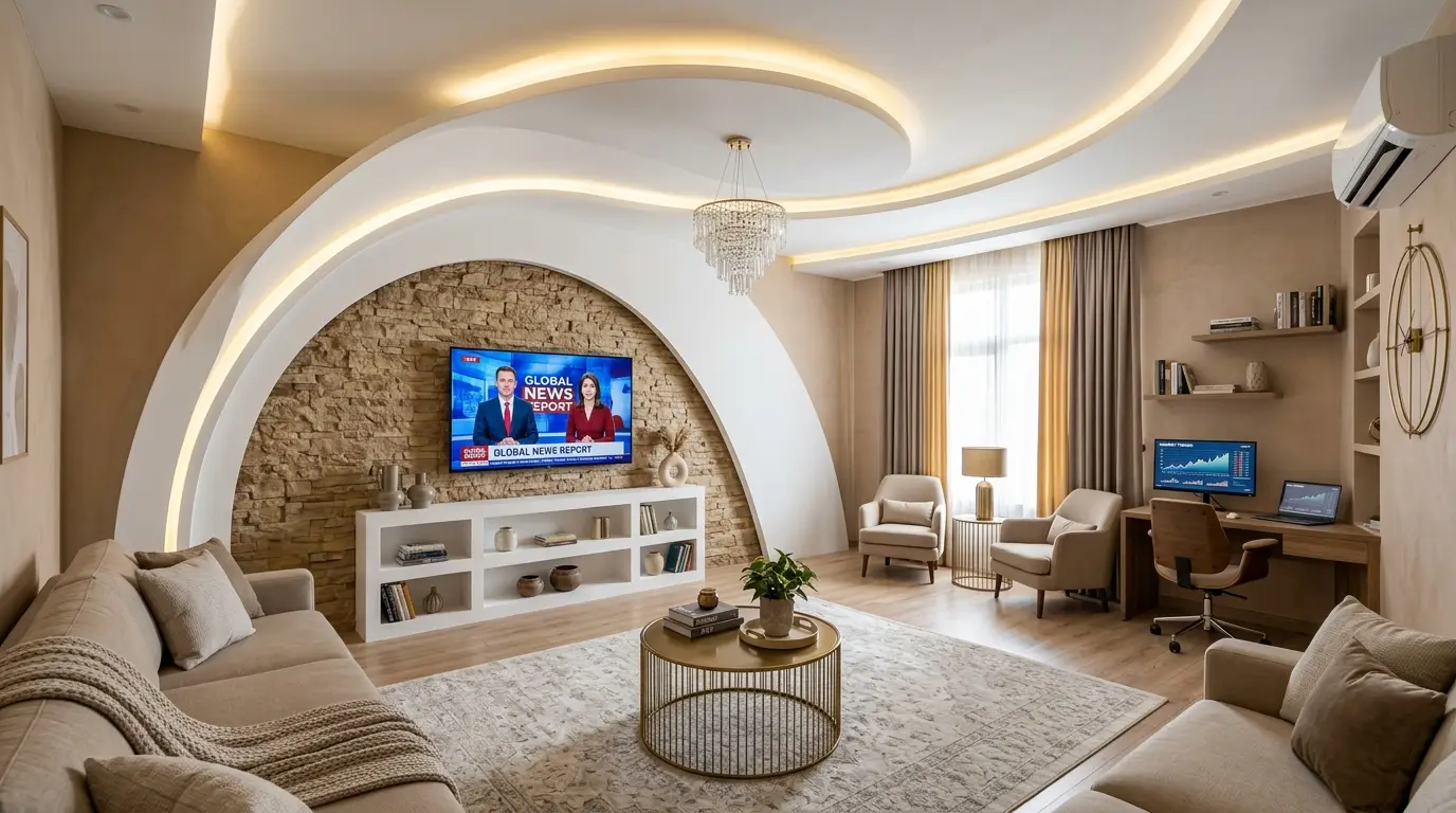 Architectural modern living room with an asymmetrical arched LED false ceiling sweeping toward a tan stack-stone media wall and an integrated wooden home office. Architectural modern living room with an asymmetrical arched LED false ceiling sweeping toward a tan stack-stone media wall and an integrated wooden home office.
