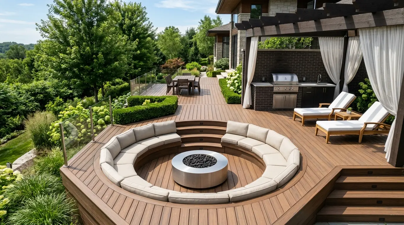 A multi-level backyard deck featuring a sunken circular fire pit seating area and an elevated outdoor kitchen zone.
