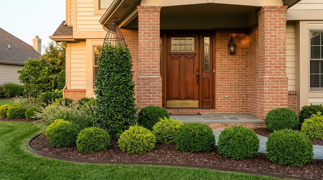 A front entryway featuring a tall ivy-covered wire obelisk, spherical green shrubs, brick pillars, and a warm-wood front door.