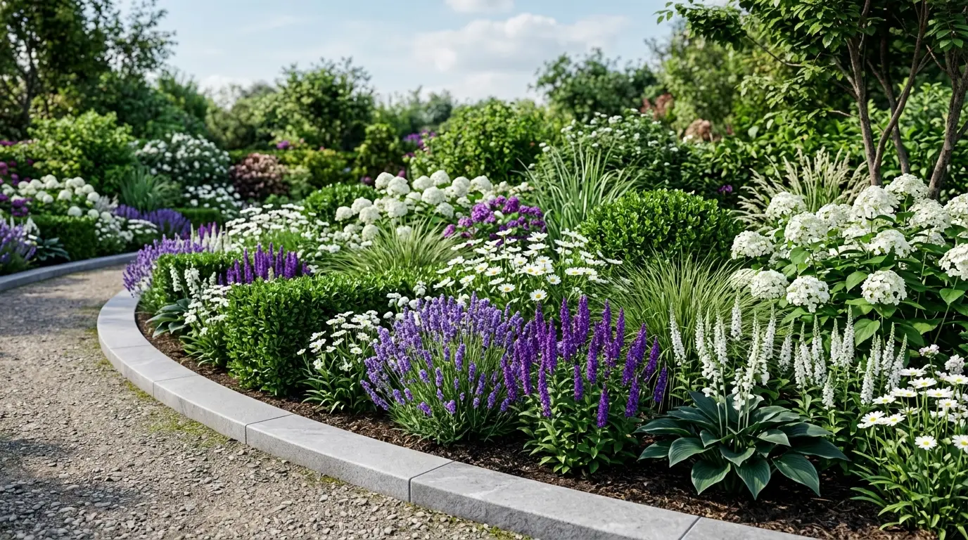 Structured greenery and purple flowers in a modern elegant mid-ground garden bed.