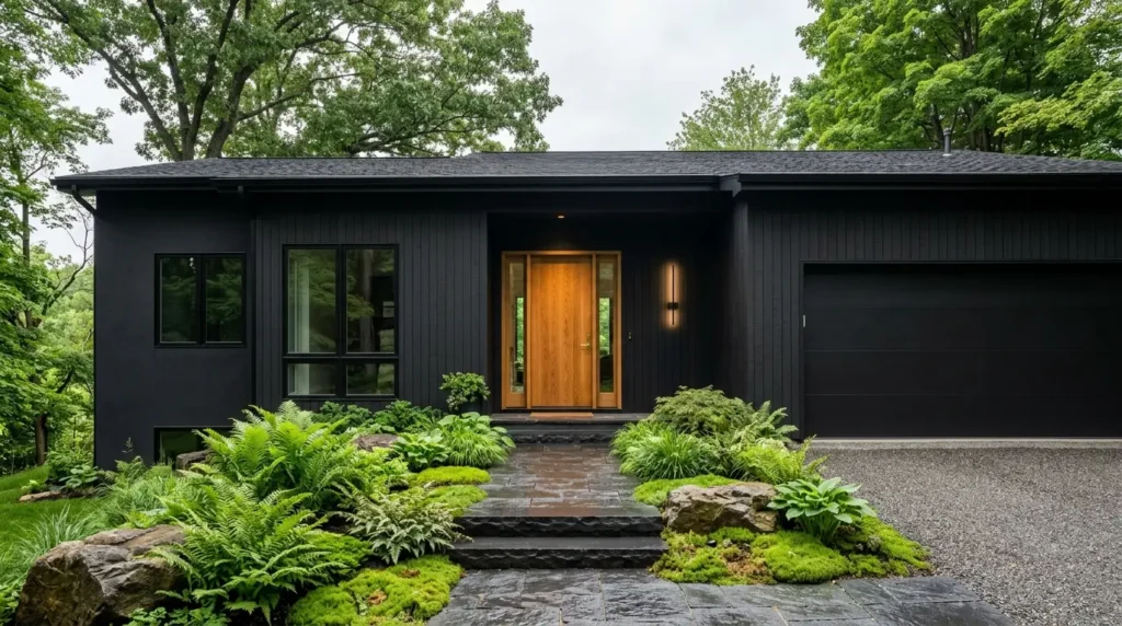 Moody modern minimalist house exterior painted completely in matte black with a warm oak front door.