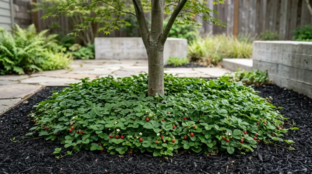 Dense, dark green alpine strawberry plants acting as groundcover beneath a modern landscape tree. Dense, dark green alpine strawberry plants acting as groundcover beneath a modern landscape tree.