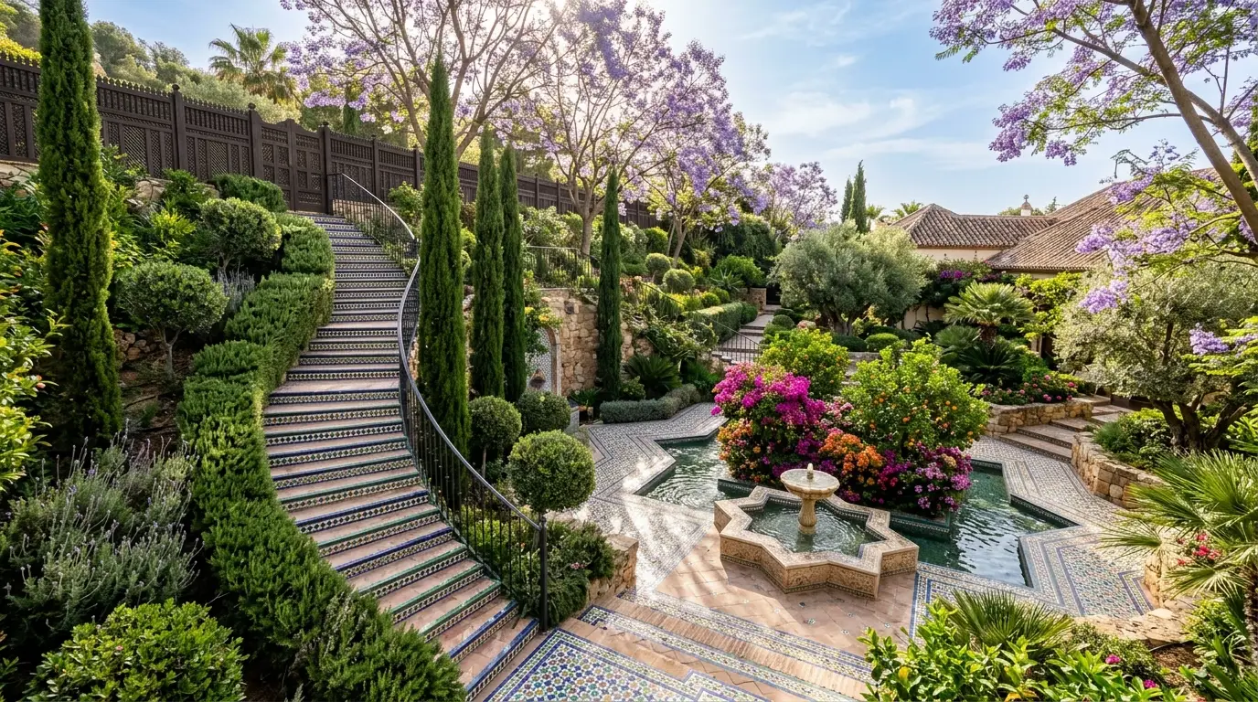 A sweeping staircase covered in vibrant mosaic tiles leading down into a sunken backyard courtyard with a star-shaped fountain.