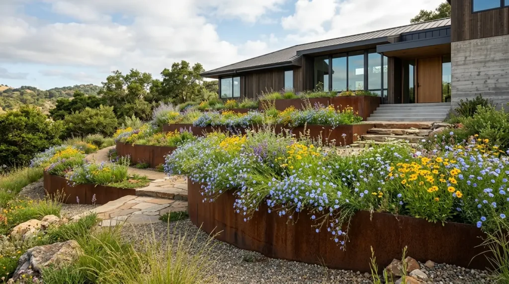 Rusted Corten steel retaining walls with cascading wildflowers in a modern front yard. Rusted Corten steel retaining walls with cascading wildflowers in a modern front yard.