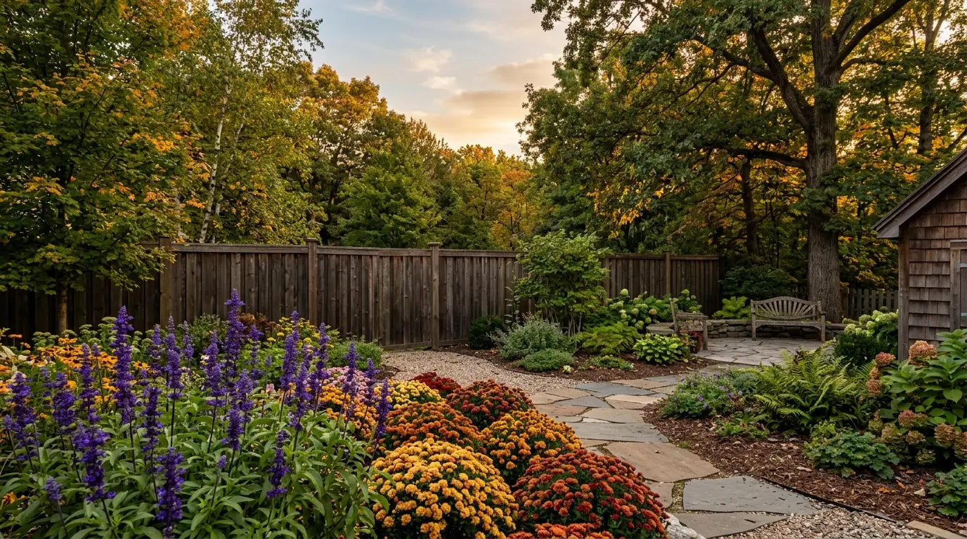 Dark wood privacy fence providing a backdrop for a lush suburban garden.