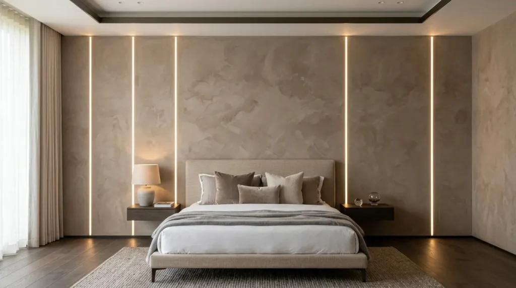 Warm mushroom-toned Venetian plaster feature wall with integrated vertical LED strip lighting.