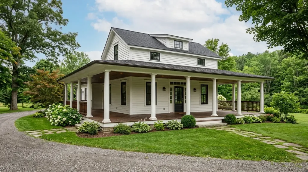 Expansive classic wrap-around porch stretching the visual width of a small home.