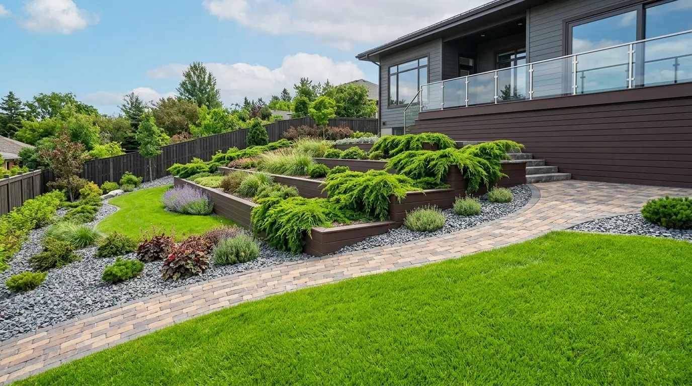 Tiered modern garden beds with dark brown edging on a slope, matching the baseboard of the adjacent house.