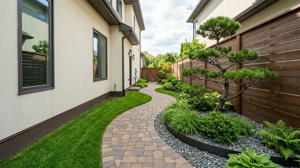 Une cour latérale étroite et moderne, agrémentée d'un chemin de pierre incurvé, d'une fine bande de pelouse verte et d'un arbre stylisé se détachant sur une maison couleur crème. Une cour latérale étroite et moderne, agrémentée d'un chemin de pierre incurvé, d'une fine bande de pelouse verte et d'un arbre stylisé se détachant sur une maison couleur crème.