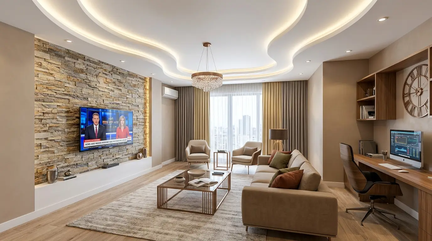 Sophisticated modern living room utilizing warm bronze metal accents, bronzed-brown stack-stone on the media wall, and a warm wood desk in the workspace corner. Sophisticated modern living room utilizing warm bronze metal accents, bronzed-brown stack-stone on the media wall, and a warm wood desk in the workspace corner.