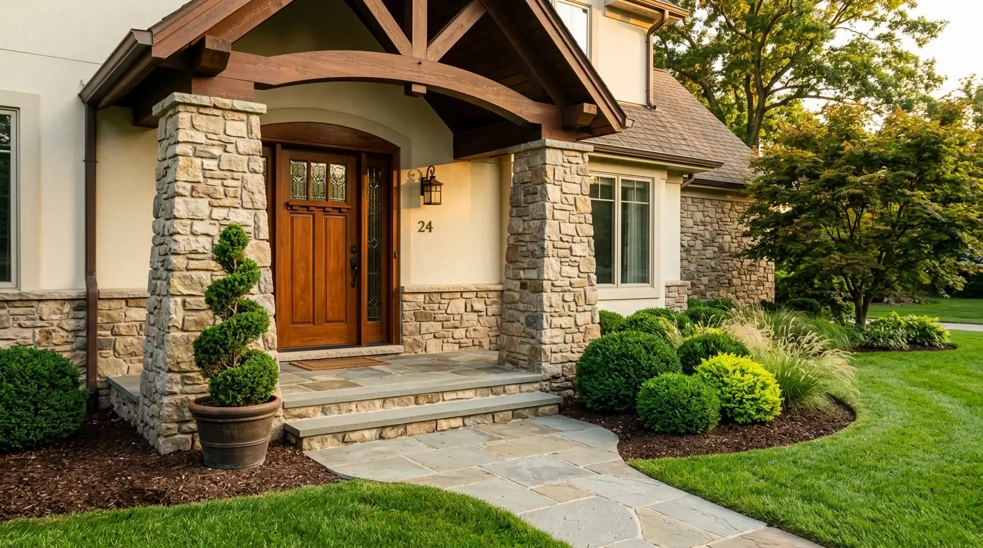 A front porch featuring stacked natural fieldstone pillars, a warm-wood door, a spiral topiary, and spherical green shrubs in dark mulch.